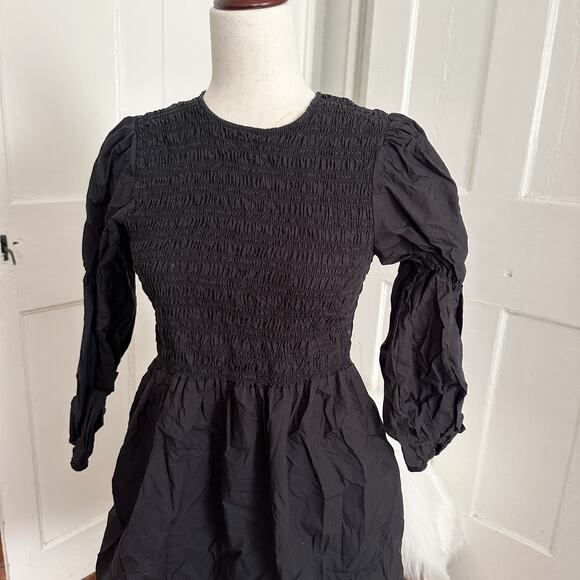 Ganni Black Puff Sleeve Smocked Mini Dress - Picture 2 of 6